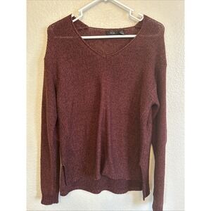 RDI Style Maroon Knit V Neck Elbow Patches Long Sleeve Sweater Size L